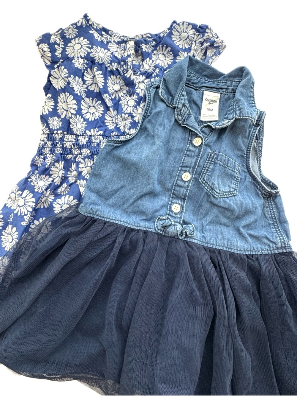 OshKosh B'gosh Toddler Girls Dress Bundle 18M Denim Tulle & Blue Floral Dress